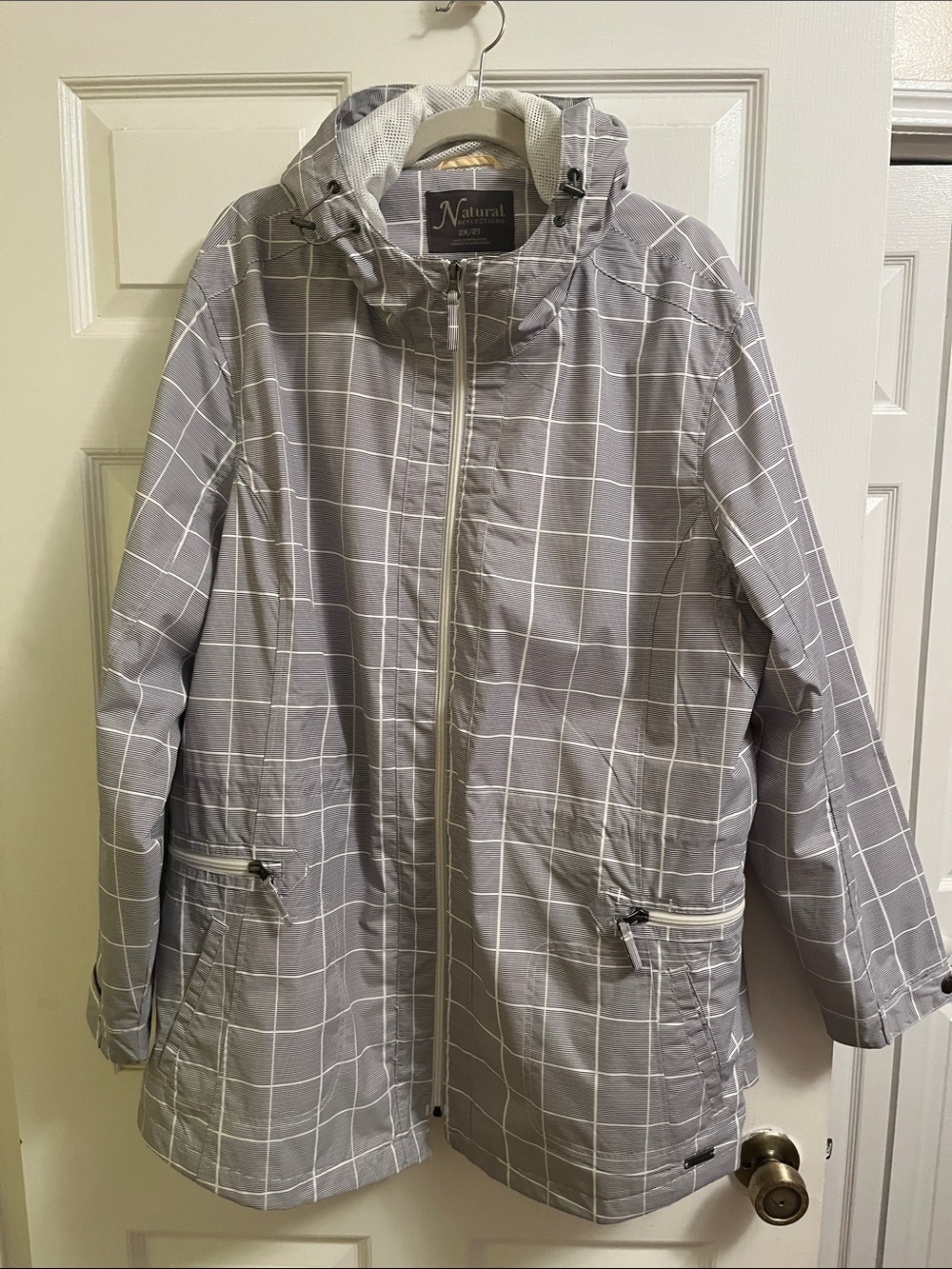 Natural Reflections Light Gray Plaid Hooded Rain Jacket 2X